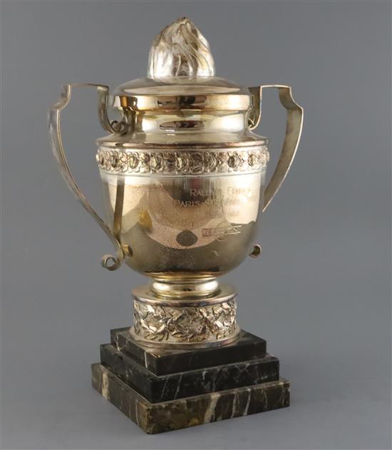 An ornate French silver plated racing trophy cup, inscribed Rallye Feminin Paris-St Raphael, 1959 Trophee, Martini),